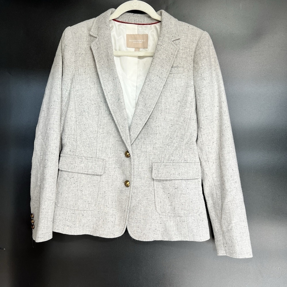 Banana Republic Womens Size 8 Hacking Jacket Blazer Wool Gray Preppy Gold Button